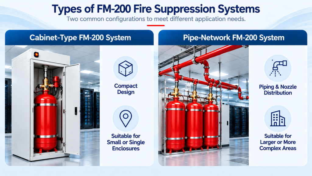 Comparison of cabinet-type and pipe-network FM-200 fire suppression systems