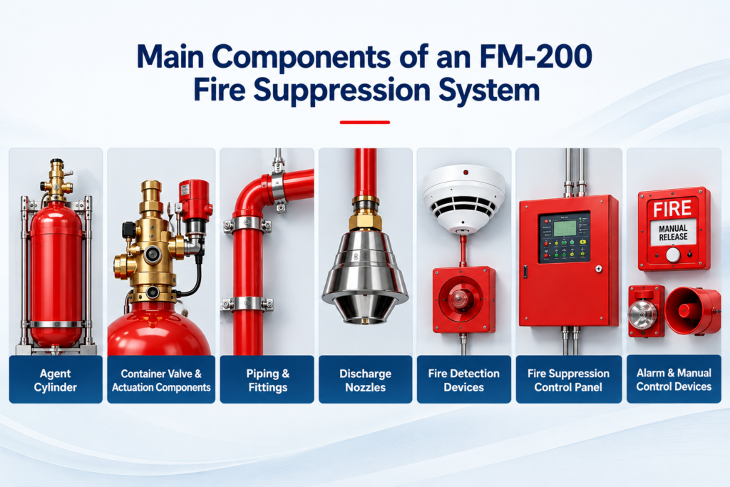 Main components of an FM-200 HFC-227ea fire suppression system